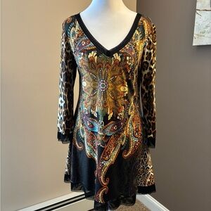 Boho Paisley Tunic Mini Dress Leopard Sleeve Festival Small